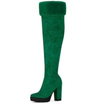 Women's Platform Faux Fur Zipper Chunky Heel Over Knee High Boots