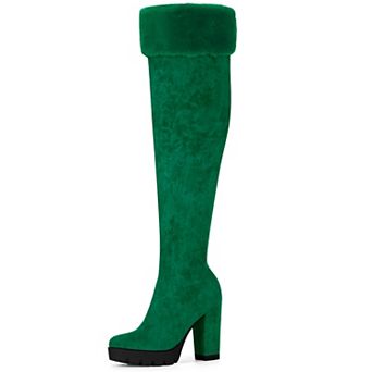 Women's Platform Faux Fur Zipper Chunky Heel Over Knee Thigh High Boots