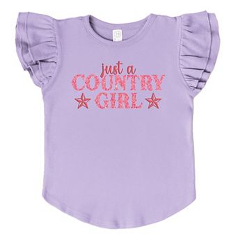 Just A Country Girl Stars Glitter/Puff Print - Flutter Sleeve Graphic T-Shirt