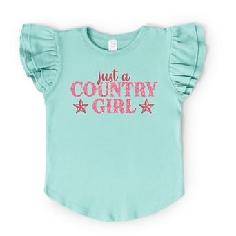 Just A Country Girl Stars Glitter/Puff Print - Flutter Sleeve Graphic T-Shirt