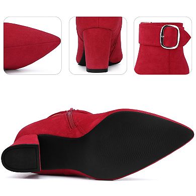 Square Buckle Chunky Heels Pointed Toe Ankle Boots for Women