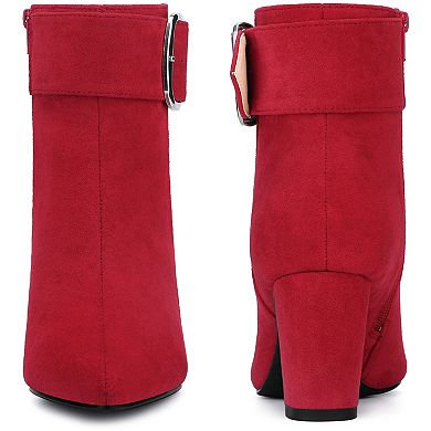 Square Buckle Chunky Heels Pointed Toe Ankle Boots for Women