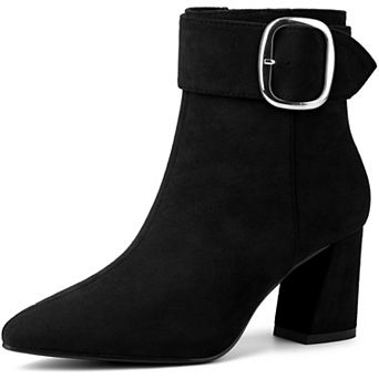 Square Buckle Chunky Heels Pointed Toe Ankle Boots for Women