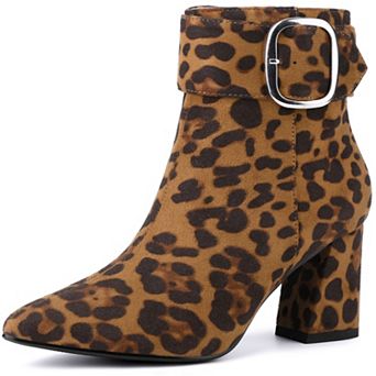 Square Buckle Chunky Heels Pointed Toe Ankle Boots for Women