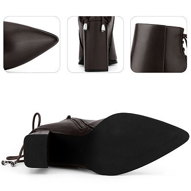 Pointed Toe Back Lace Up Chunky Heel Ankle Boots for Women
