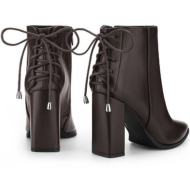 Pointed Toe Back Lace Up Chunky Heel Ankle Boots for Women