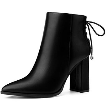 Pointed Toe Back Lace Up Chunky Heel Ankle Boots for Women