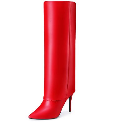 Women's Knee High Boots Fold Over Boots Pointed Toe Stiletto Heel Tall Shark Long Boot