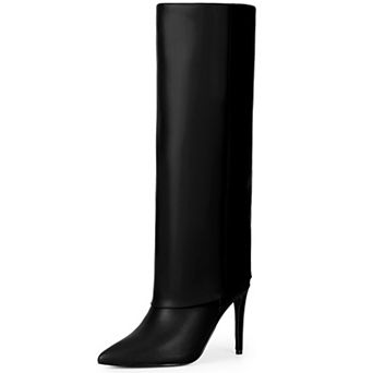 Women's Knee High Boots Fold Over Boots Pointed Toe Stiletto Heel Tall Shark Long Boot