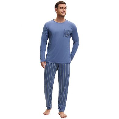 Men's 2 Pieces Long Sleeve Crew Neck Nightshirt and Stripes Pattern Pants Casual Pajamas Set