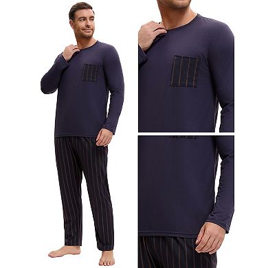 Men's 2 Pieces Long Sleeve Crew Neck Nightshirt and Stripes Pattern Pants Casual Pajamas Set