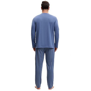 Men's 2 Pieces Long Sleeve Crew Neck Nightshirt and Stripes Pattern Pants Casual Pajamas Set