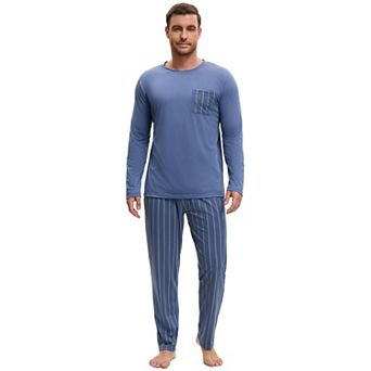 Men's 2 pc Long Sleeve Crew Neck Nightshirt and Stripes Pattern Pants Casual Pajamas Set