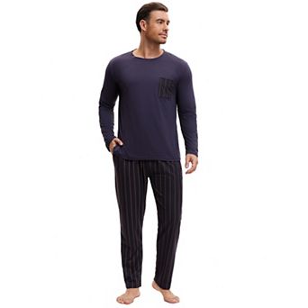 Men's 2 pc Long Sleeve Crew Neck Nightshirt and Stripes Pattern Pants Casual Pajamas Set