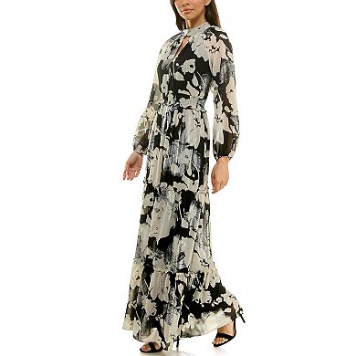Women's Maison Tara Mockneck Foil Print Chiffon Maxi Dress