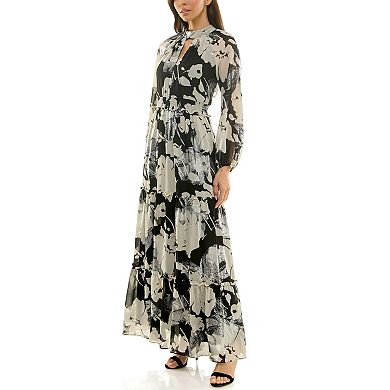 Women's Maison Tara Mockneck Foil Print Chiffon Maxi Dress