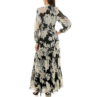 Women's Maison Tara Mockneck Foil Print Chiffon Maxi Dress