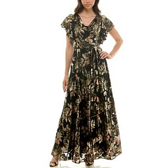 Women's Maison Tara Drape Neck Metallic Print Maxi Dress