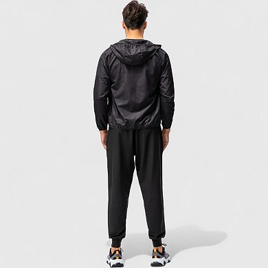 Men's Full Zip Hooded Windbreaker Jacket with Side Pockets and Elastic Cuffs