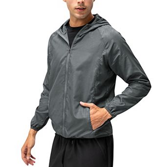 Men's Full Zip Hooded Windbreaker Jacket with Side Pockets and Elastic Cuffs