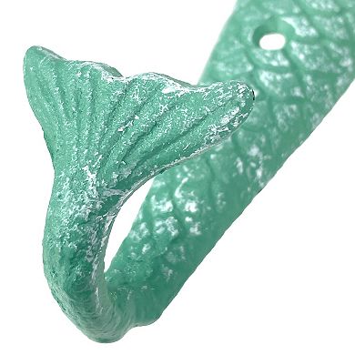 Set of 8 Cast Iron Mermaid Tail Wall Hooks Green Nautical Coastal Decor