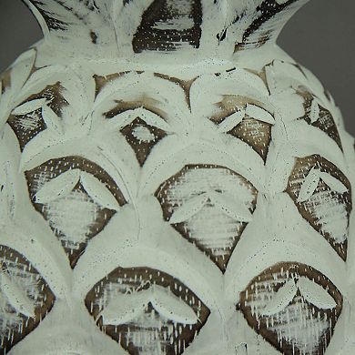 Distressed White Carved Wood Tropical Pineapple Decor Statue