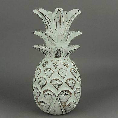 Distressed White Carved Wood Tropical Pineapple Decor Statue