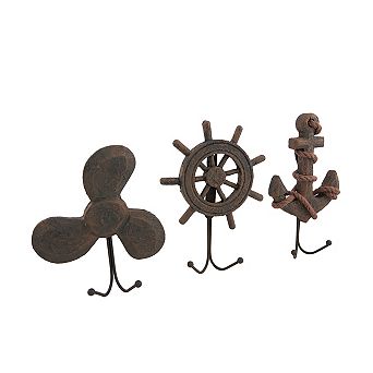 Set of 3 Weathered Finish Anchor Prop and Wheel Nautical Wall Hooks