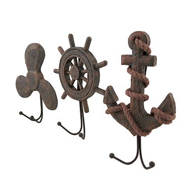 Set of 3 Weathered Finish Anchor Prop and Wheel Nautical Wall Hooks