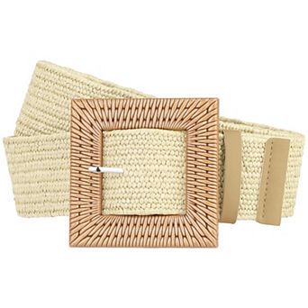 Ladies Woven Wide Stretch Belts, Straw Rattan Square Wooden Buckle Elastic Waist Belt Waistband