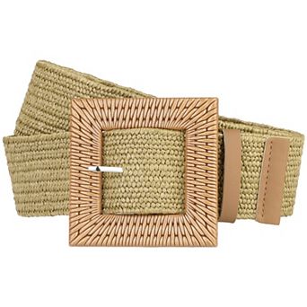 Ladies Woven Wide Stretch Belts, Straw Rattan Square Wooden Buckle Elastic Waist Belt Waistband