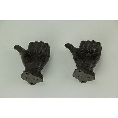 Brown Cast Iron Thumbs Up Hand Decorative Wall Hooks Set of 2