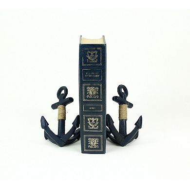 Set of 2 Blue Decorative Cast Iron Anchor Bookends Nautical Bookshelf Decor
