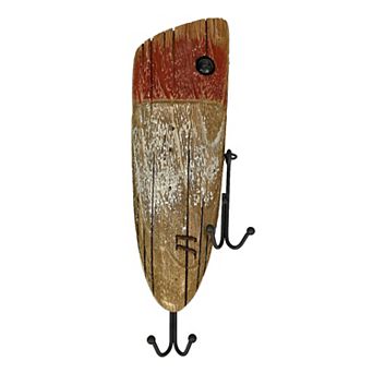 Rustic Wooden Fishing Lure Wall Hook 14 in Coastal Nautical Decor Organizer