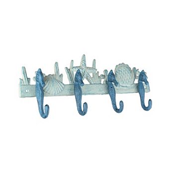 Blue/White Cast Iron Seahorses Decorative Wall Hook Hanging Towel or Coat Rack