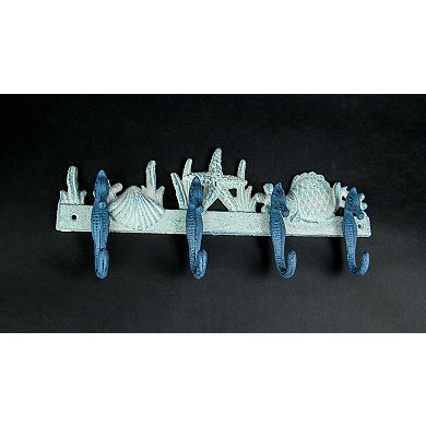 Blue/White Cast Iron Seahorses Decorative Wall Hook Hanging Towel or Coat Rack