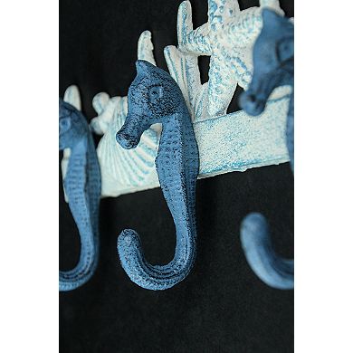 Blue/White Cast Iron Seahorses Decorative Wall Hook Hanging Towel or Coat Rack