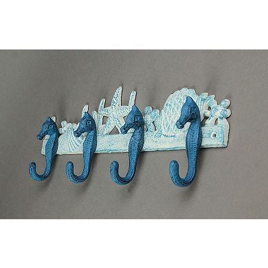 Blue/White Cast Iron Seahorses Decorative Wall Hook Hanging Towel or Coat Rack