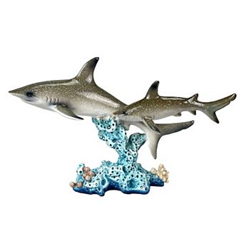 Double Sharks on Coral Statue 10" Hand-Painted Ocean Marine Decor