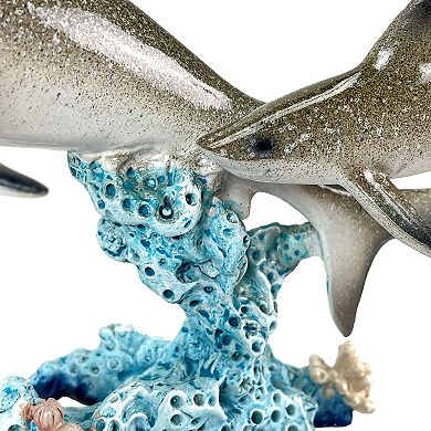 Double Sharks on Coral Statue 10" Hand-Painted Ocean Marine Decor