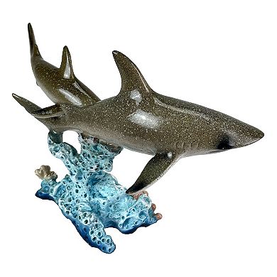 Double Sharks on Coral Statue 10" Hand-Painted Ocean Marine Decor
