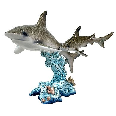 Double Sharks on Coral Statue 10" Hand-Painted Ocean Marine Decor