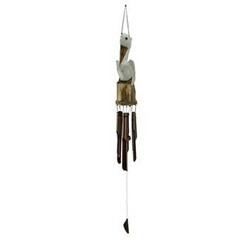 White Hand Carved Wood Coastal Perched Pelican Wind Chime for Garden Yard Patio