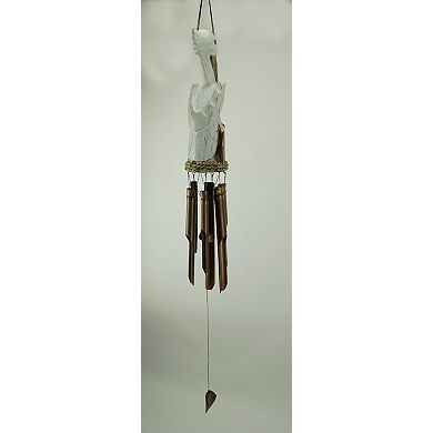 White Hand Carved Wood Coastal Perched Pelican Wind Chime for Garden Yard Patio