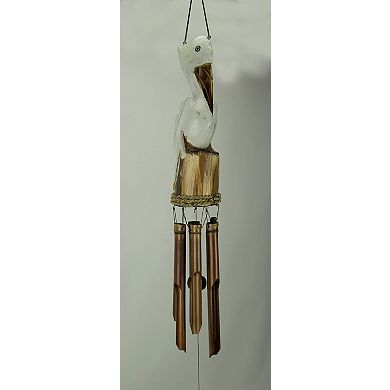 White Hand Carved Wood Coastal Perched Pelican Wind Chime for Garden Yard Patio