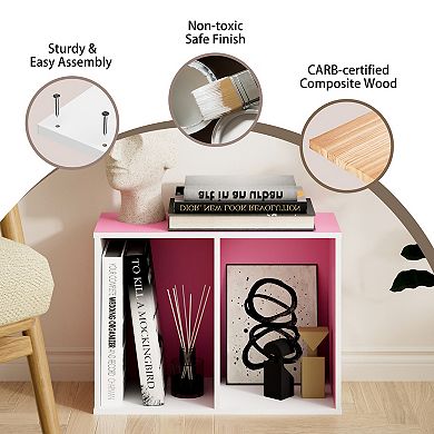 Furinno 9" x 16" x 21" Storage Shelf 2 Tier Cube Bookcase, White & Pink