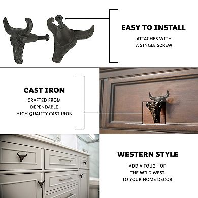 Set of 6 Cast Iron Steer Skull Drawer Pulls Western Home Decor Cabinet Knobs