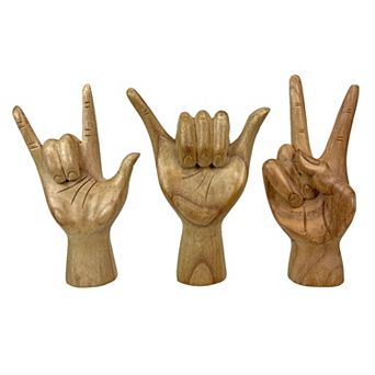 Set of 3 Wooden Hand Sculptures Peace, Love You, Hang Loose
