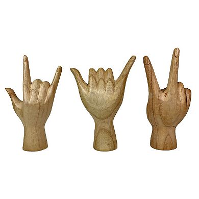 Set of 3 Wooden Hand Sculptures Peace, Love You, Hang Loose