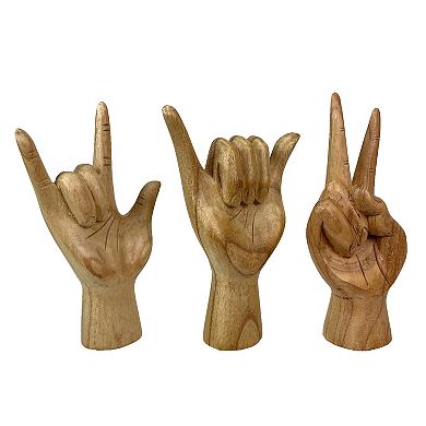 Set of 3 Wooden Hand Sculptures Peace, Love You, Hang Loose